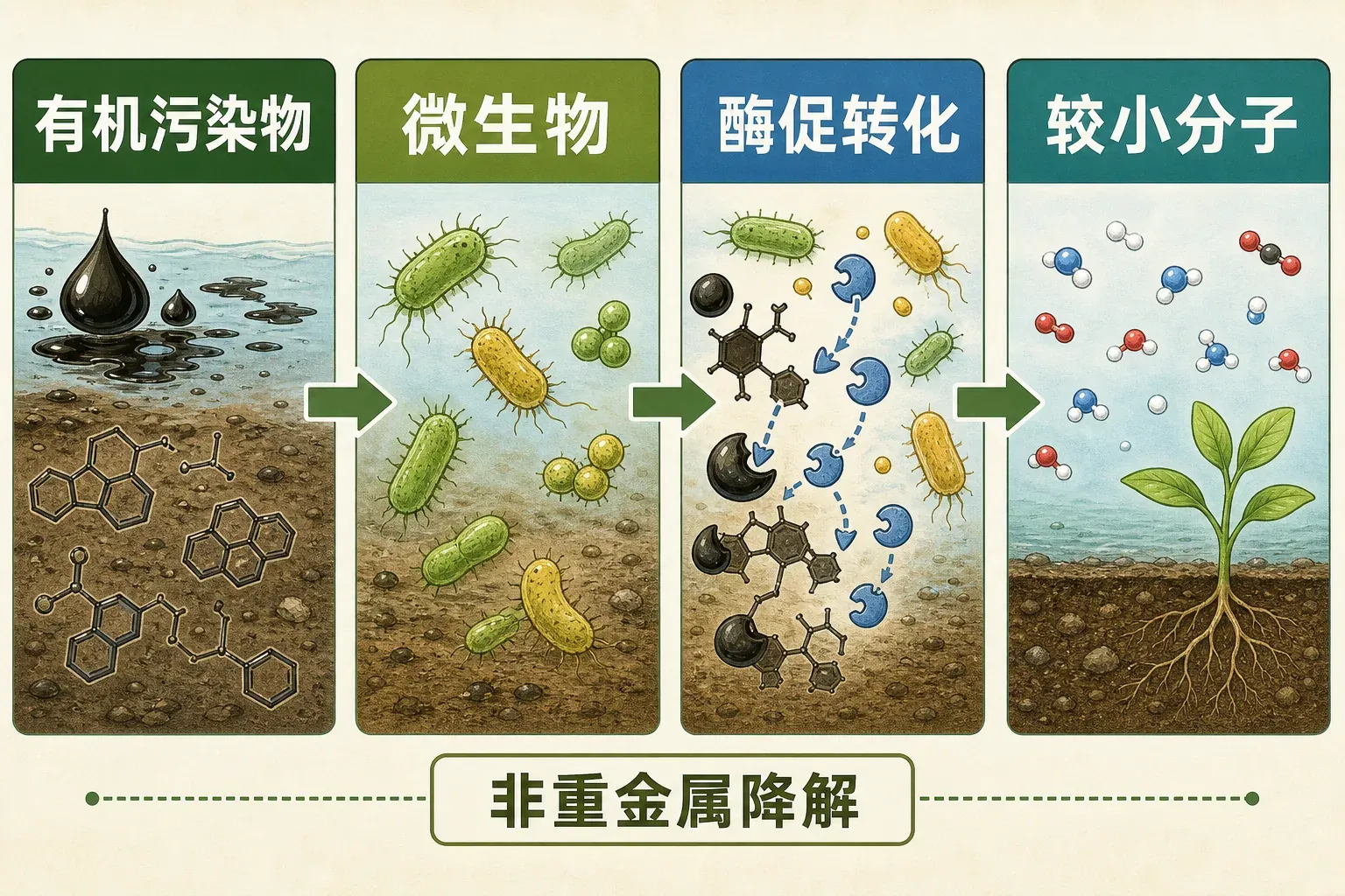 微生物修复有机污染物:酶促反应与物质转化链