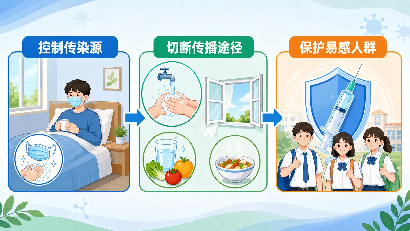 传染病预防的三道防线:控制传染源、切断传播途径、保护易感人群