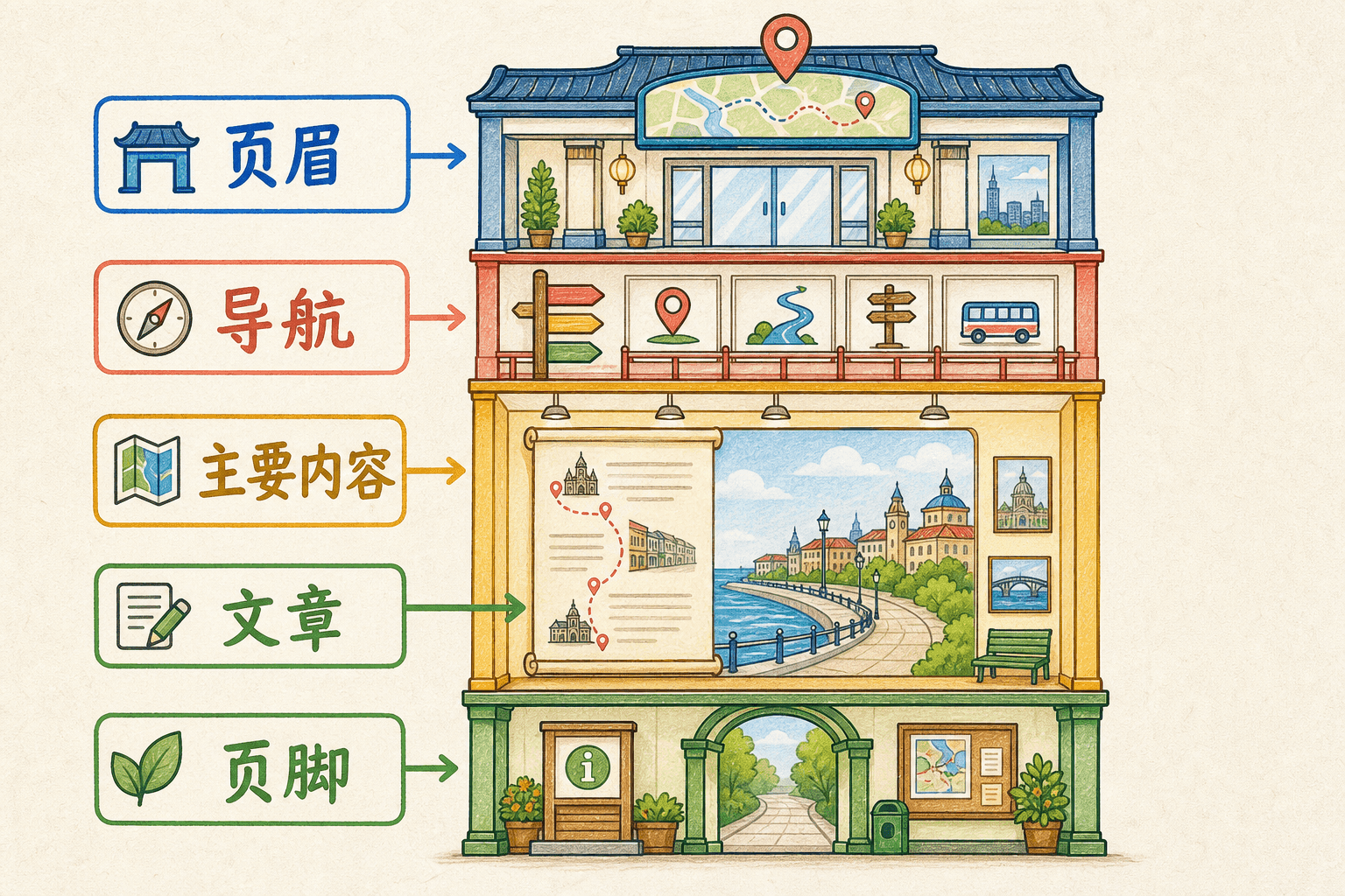 城市导览站展示页眉、导航、主要内容、文章和页脚的语义结构