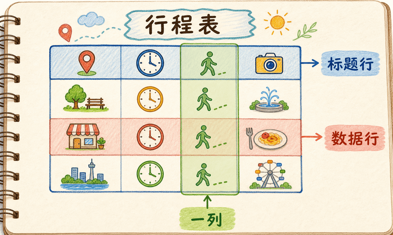 城市行程表中标题行、数据行和一列的结构示意图