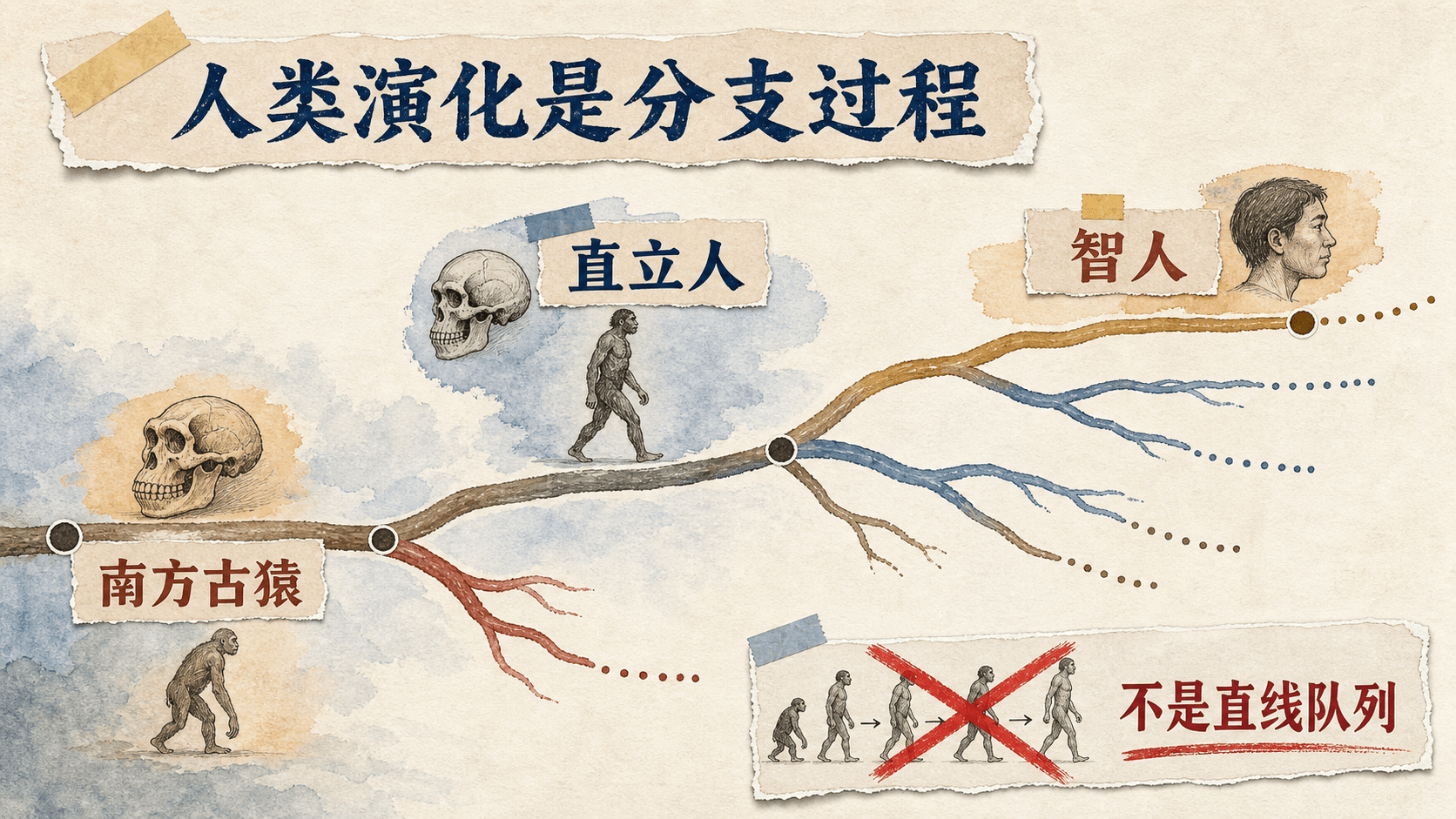 以南方古猿、直立人和智人为节点的人类演化分支时间线