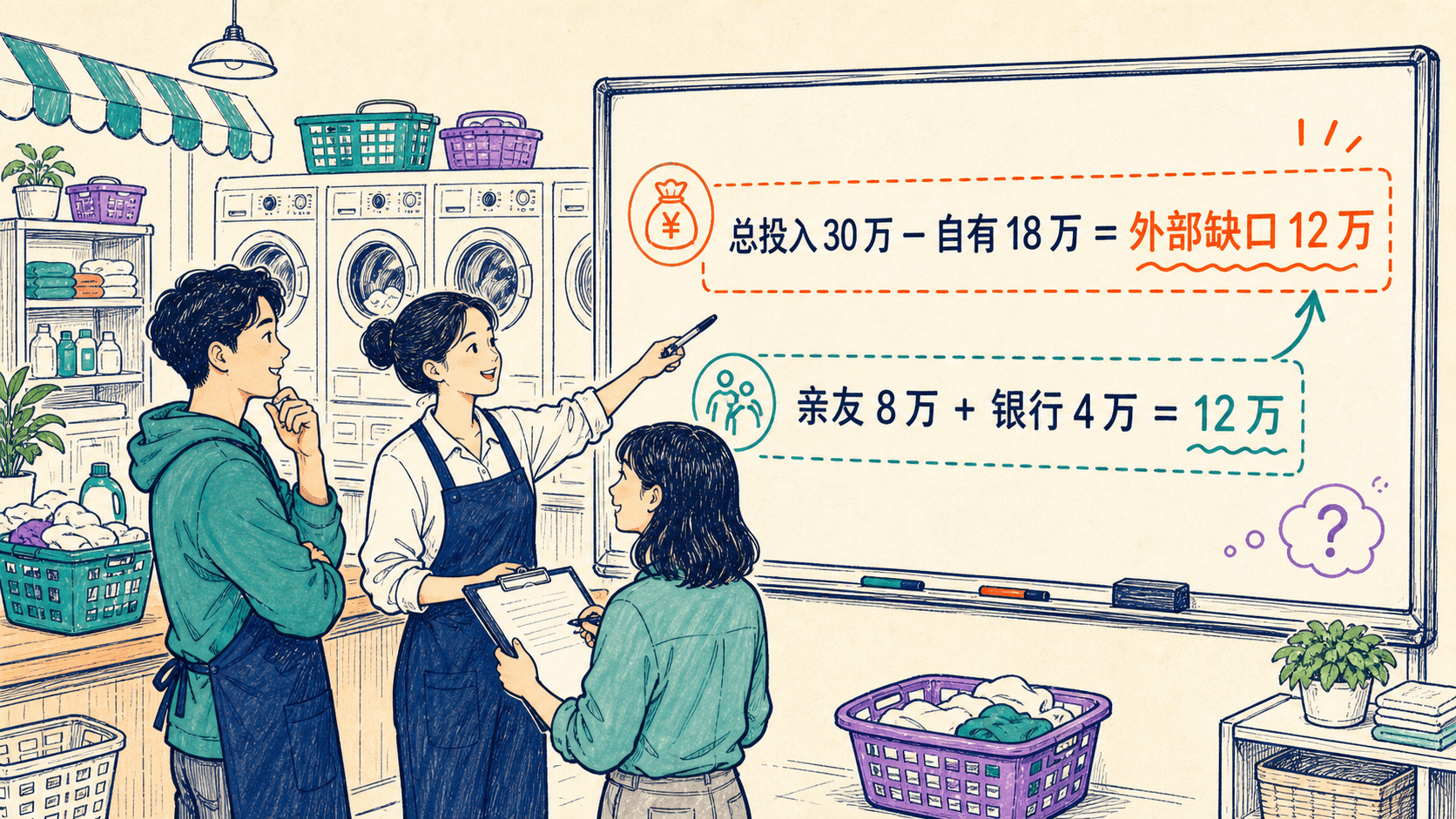 三位合伙人在社区洗衣店白板前核对 30 万元总投入、18 万元自有资金与 12 万元外部融资缺口