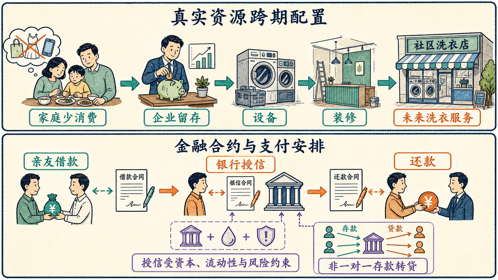 上层展示家庭少消费与企业留存如何转化为设备、装修和未来洗衣服务,下层展示亲友契约与受资本、流动性和风险约束的银行授信