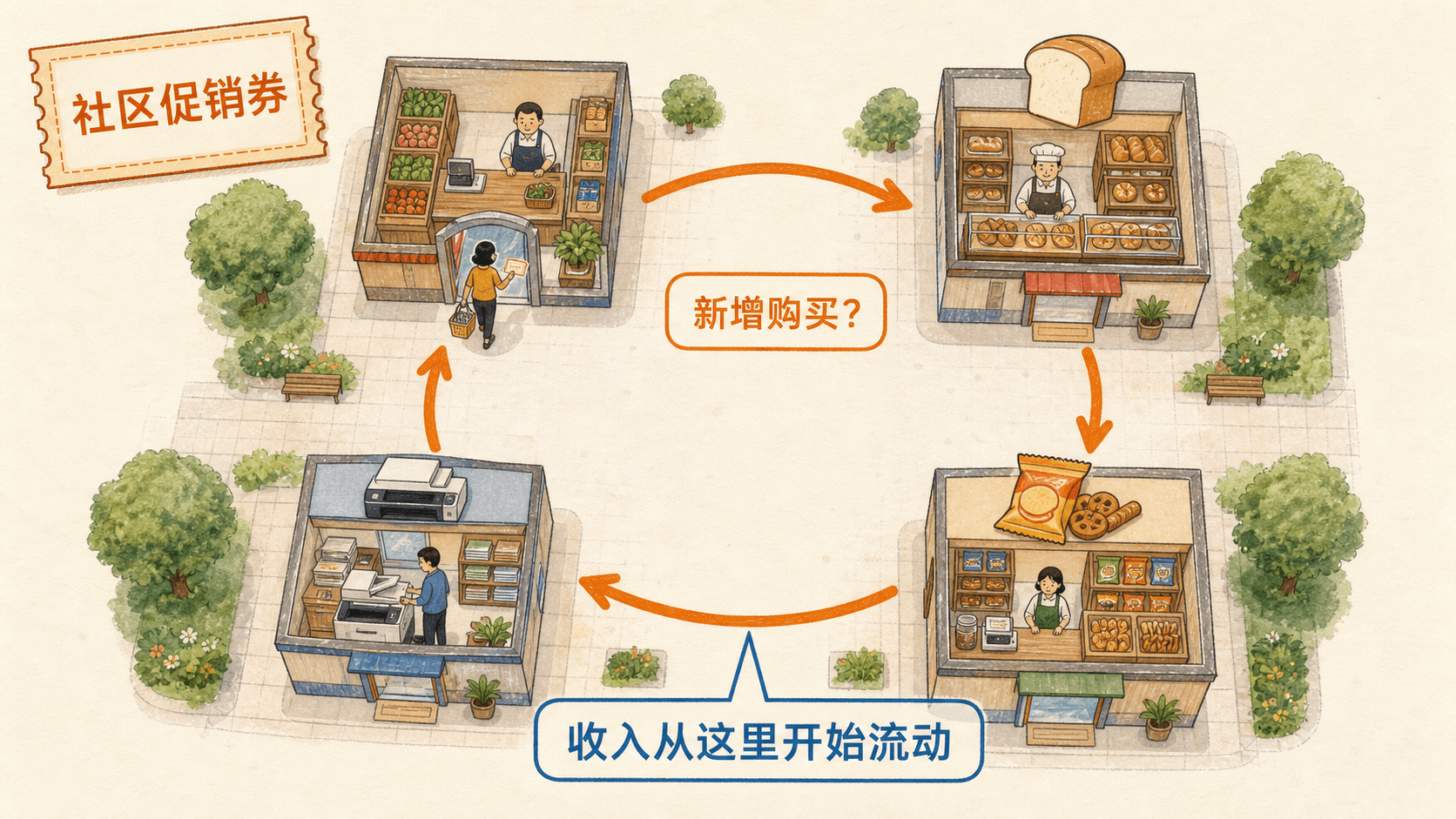 社区促销券进入街区后,购买与收入沿商户之间传递的示意图