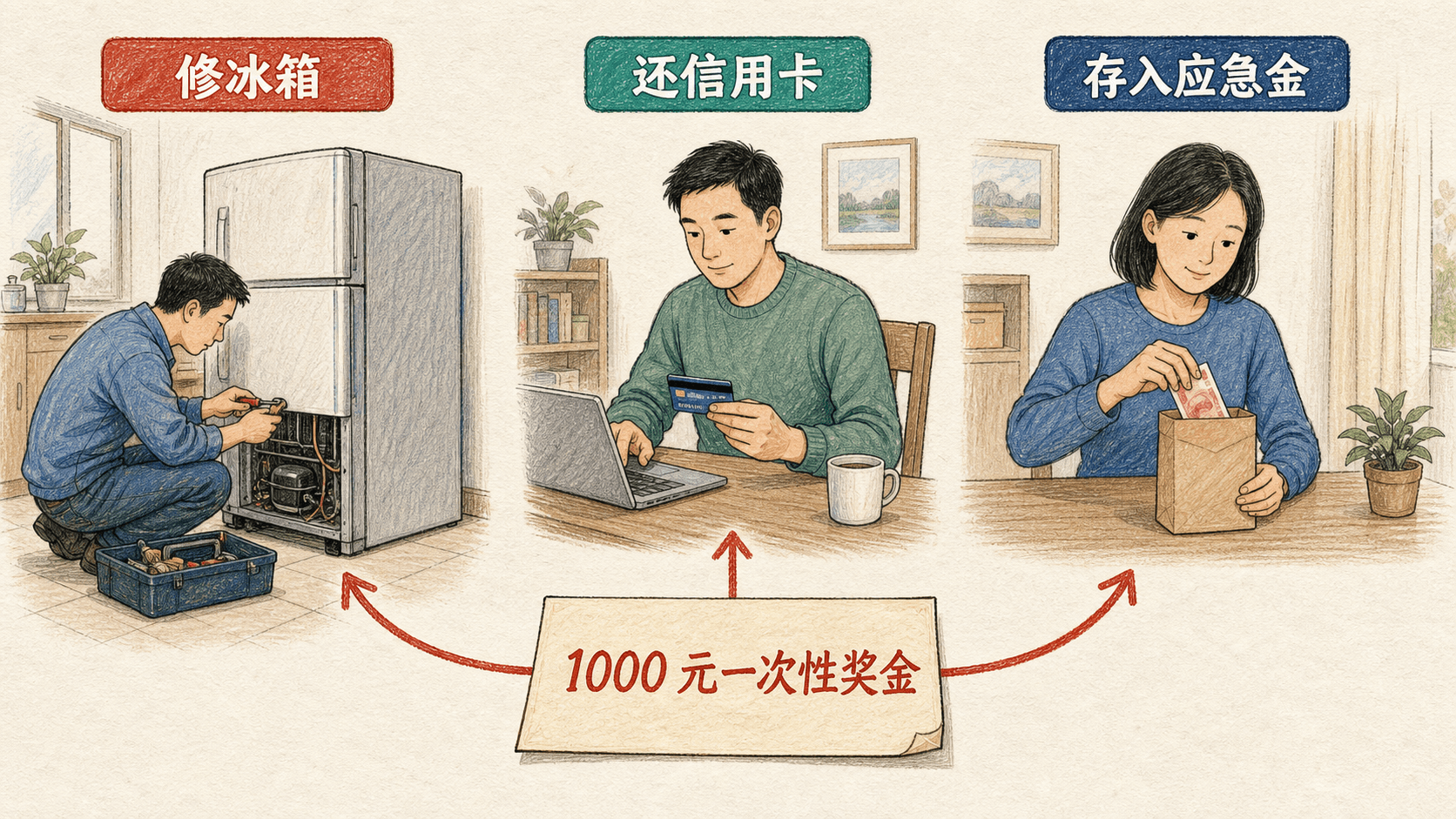 同样 1000 元一次性奖金分别用于修理冰箱、偿还信用卡和存入应急金的示意图