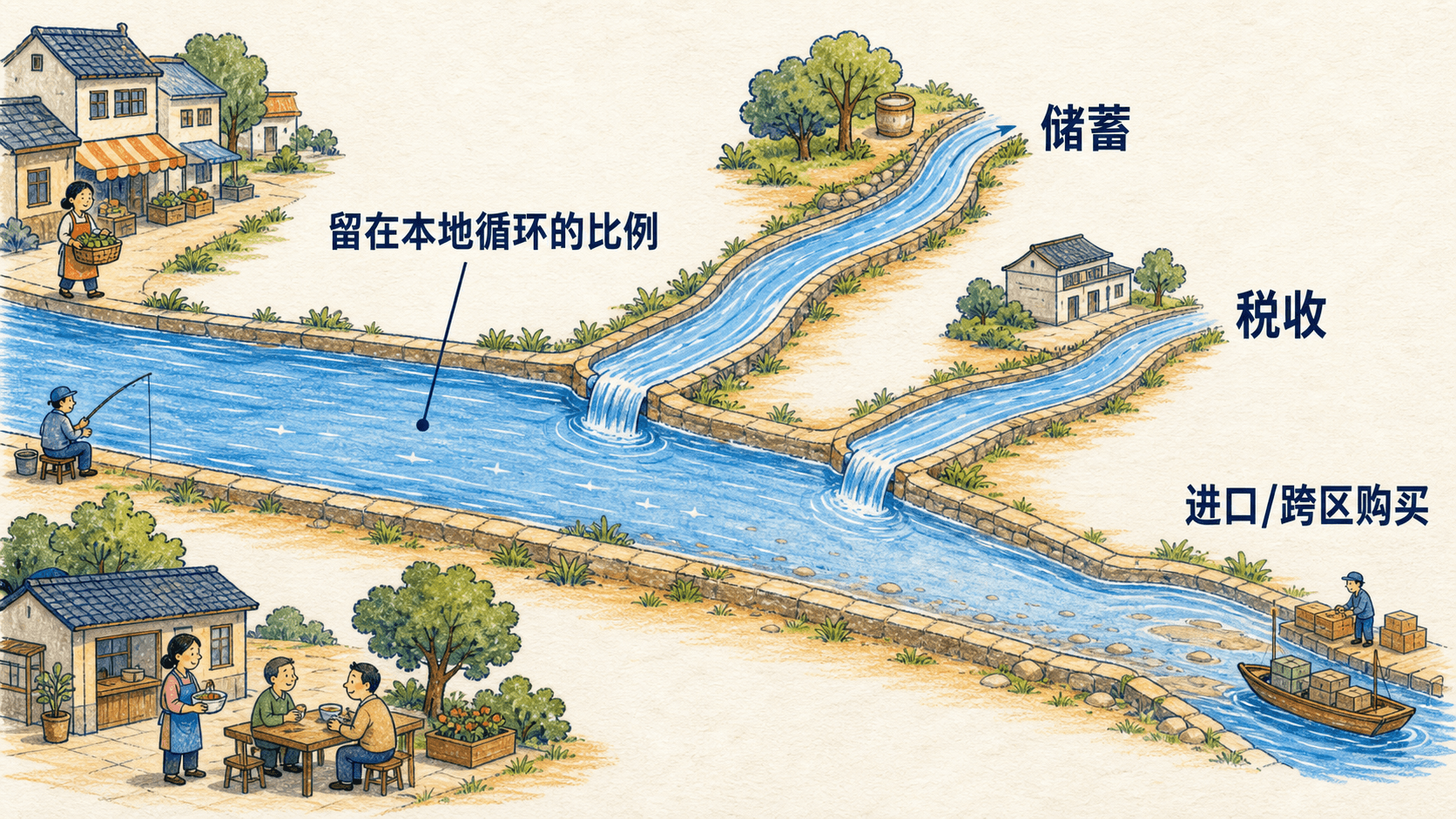 本地消费水流分向储蓄、税收和进口或跨区购买支流的示意图
