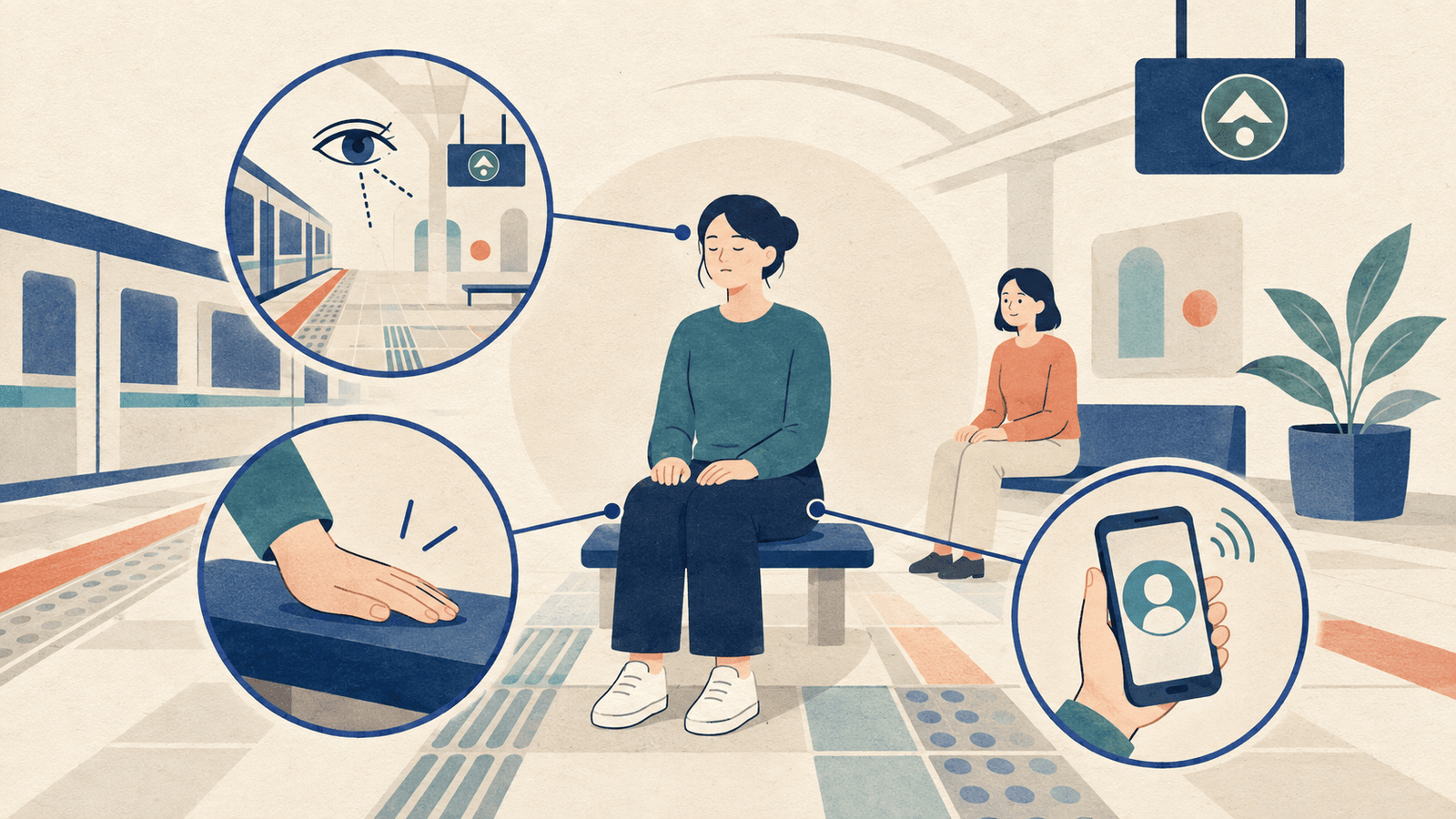 在公共空间通过观察环境、脚踩地面和联系可信任的人完成安全定向的教育插图