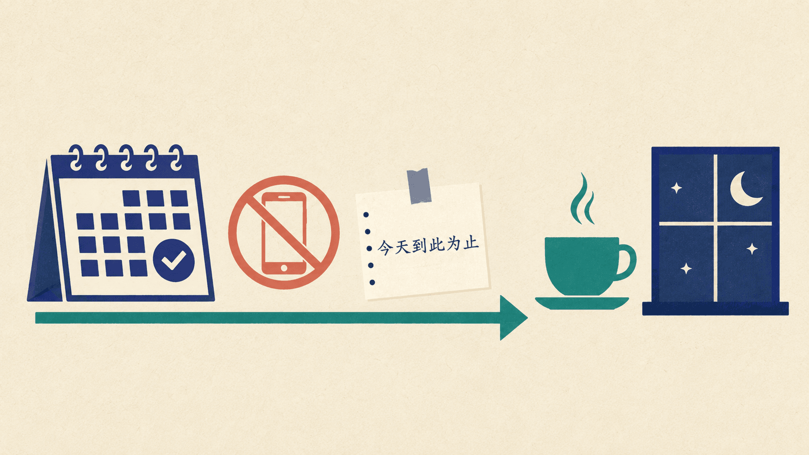 下班后的工作收尾:静音手机、写着“今天到此为止”的纸条与夜色窗边,提醒自己从待命状态转换出来