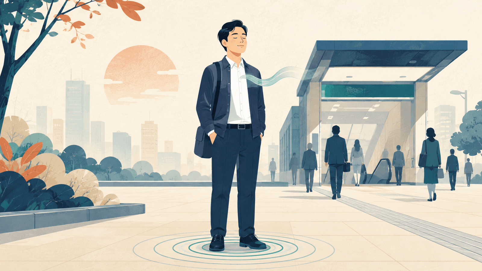 早高峰后停下感受脚底触地与自然呼气的职场人