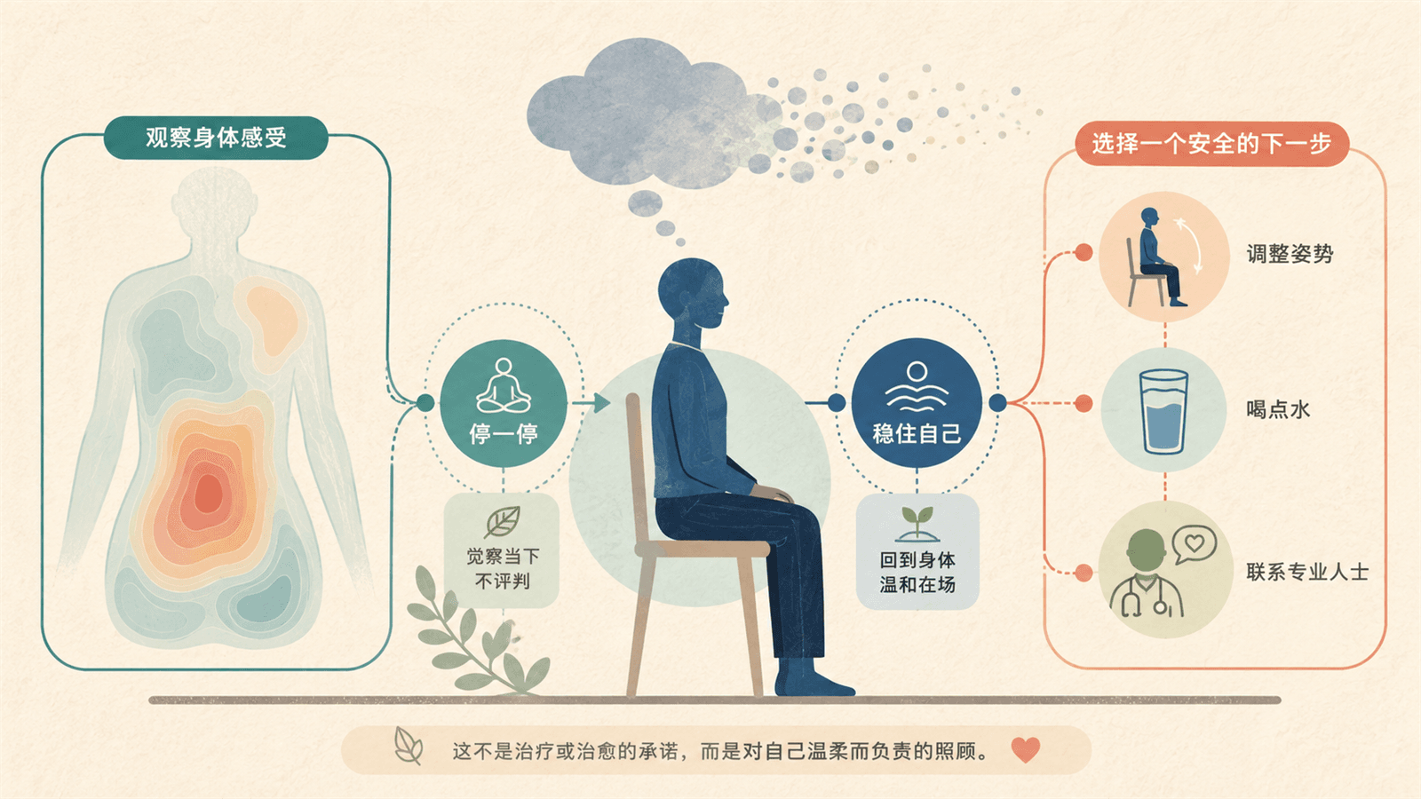 一位成年人坐在椅子上,双脚触地,以温和方式观察腰背感觉、念头与可选择的安全下一步