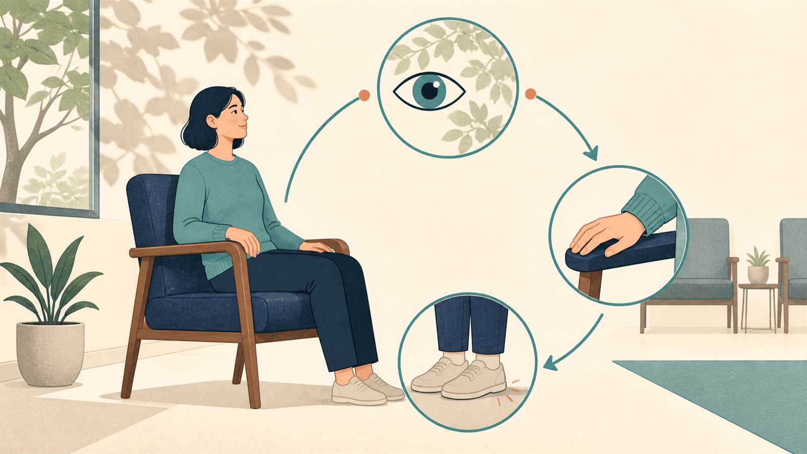 在等候时睁眼留意树影、鞋尖与扶手的触感,把注意力放回安全的感官线索