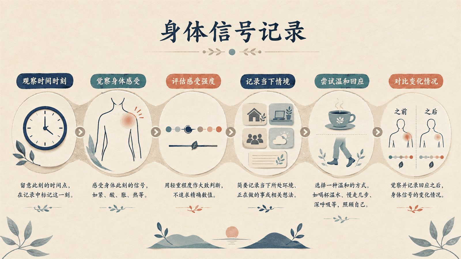 中性身体信号记录示意:依次写下时间、身体感受、强度、情境和回应后的变化。