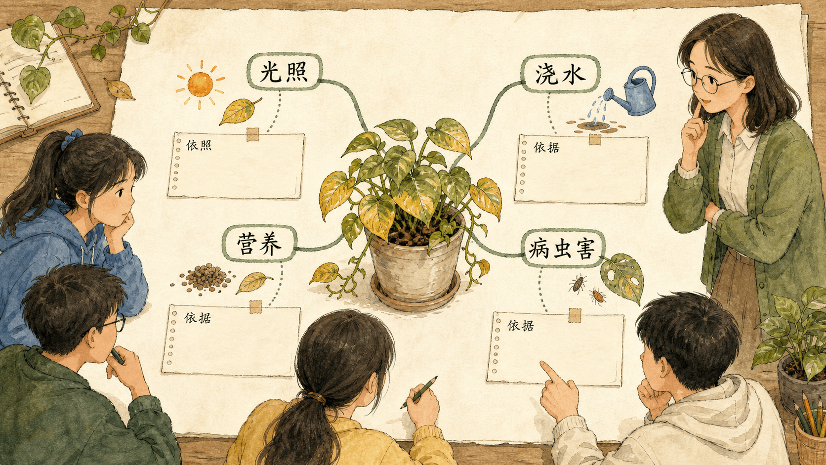 植物养护诊断图式,用光照、浇水、营养和病虫害组织证据