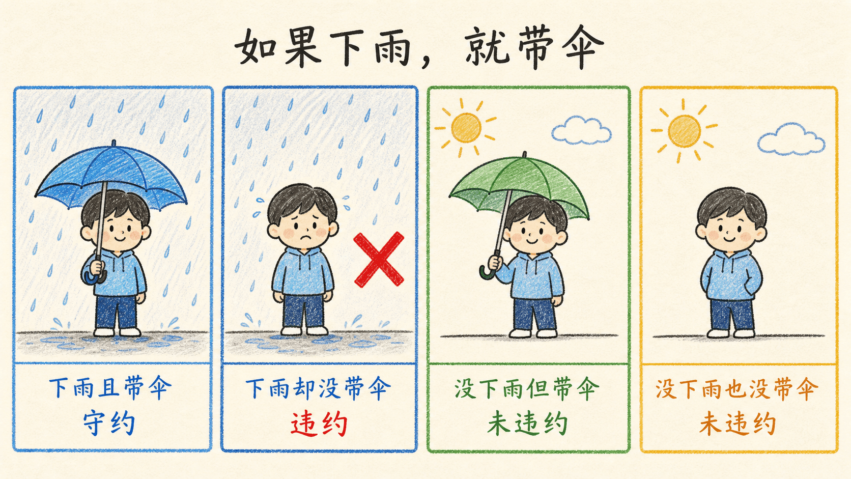手绘彩色四格图解释如果下雨就带伞:只有下雨却没带伞是违约,其余三种情况都未违约。