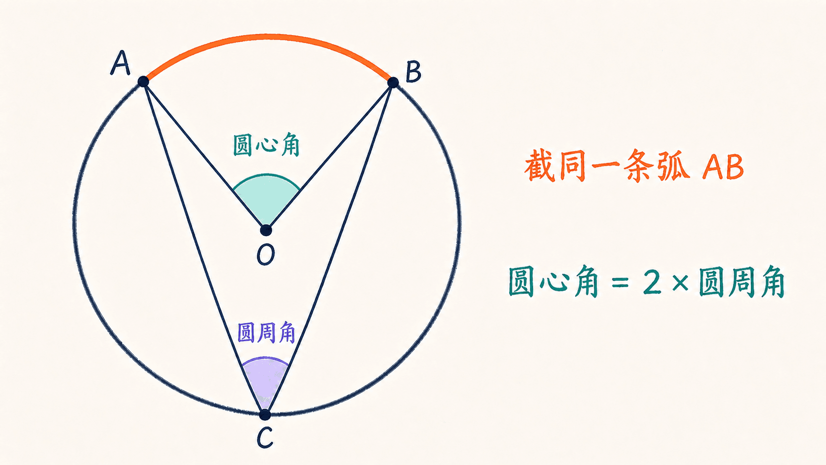 截同一条弧时圆心角等于圆周角两倍的中文手绘图