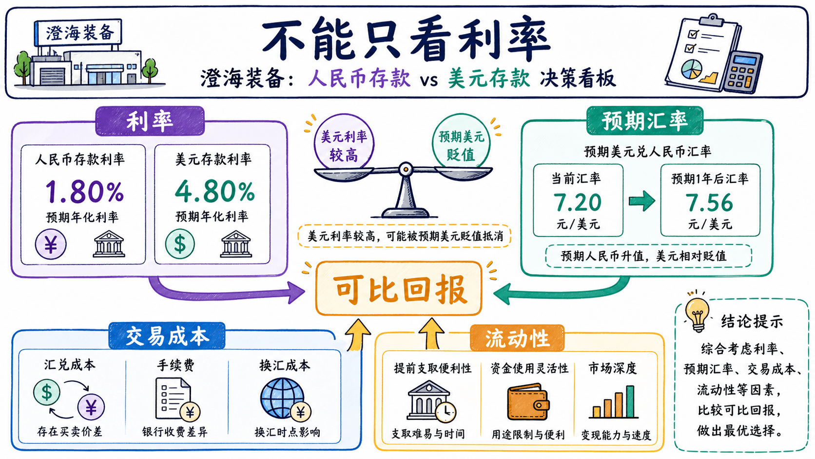 将利率收益、预期汇率变动、流动性与成本依次纳入的外币资产回报决策图