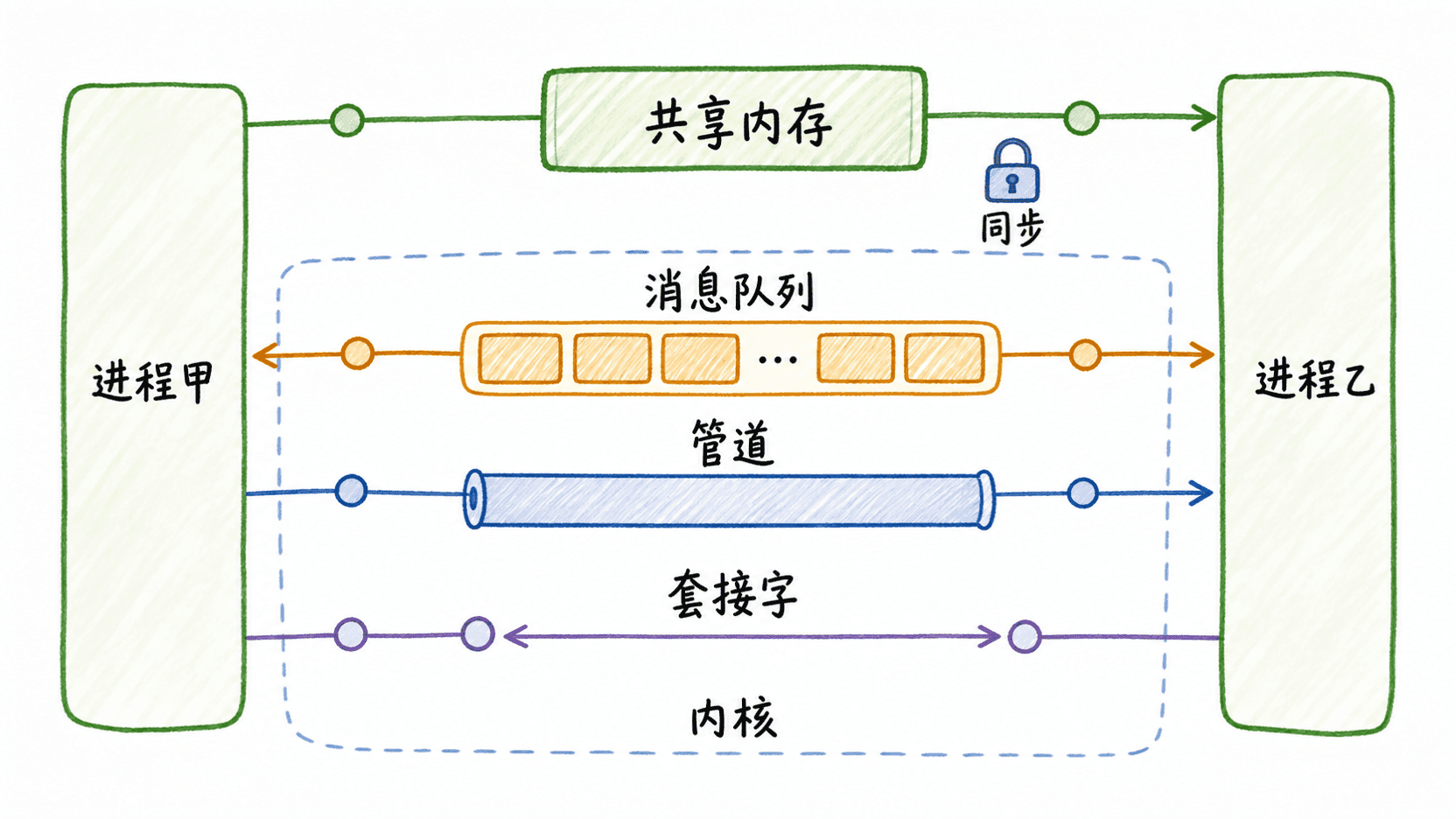 四种进程间通信模型手绘示意图