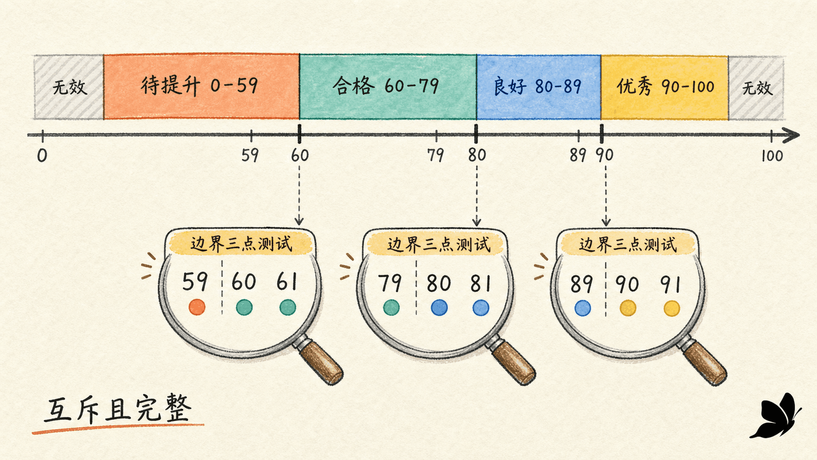 Java 成绩区间边界测试图:0 到 100 分为四个互斥且连续的等级,并用 59/60/61、79/80/81、89/90/91 检验三个阈值。