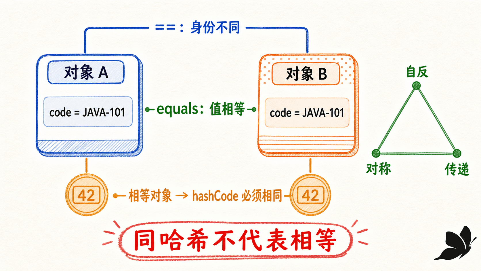 Java 对象身份、equals 值相等与 hashCode 契约手绘信息图