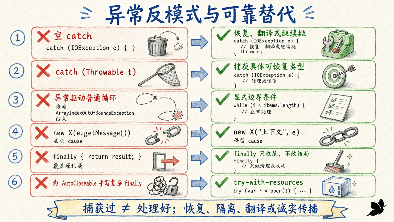 Java 异常处理反模式与可靠替代方案对照图