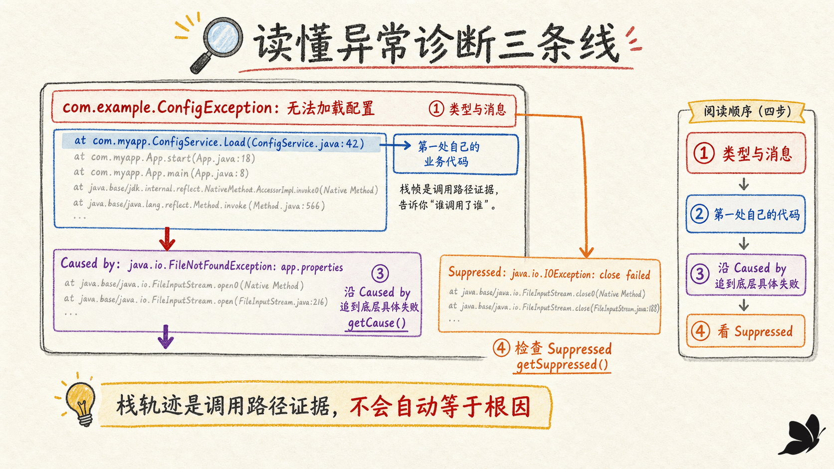 Java 栈轨迹、Caused by 原因链与 Suppressed 的阅读地图