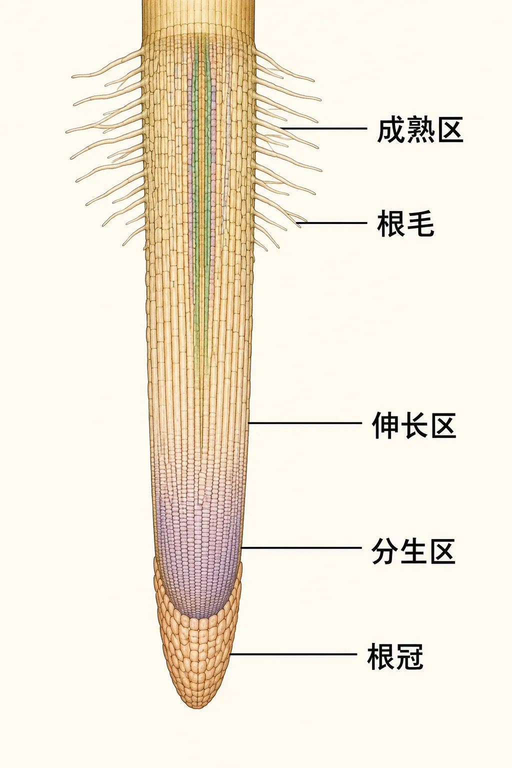 根尖从顶端向上依次为根冠、分生区、伸长区和成熟区的结构示意图