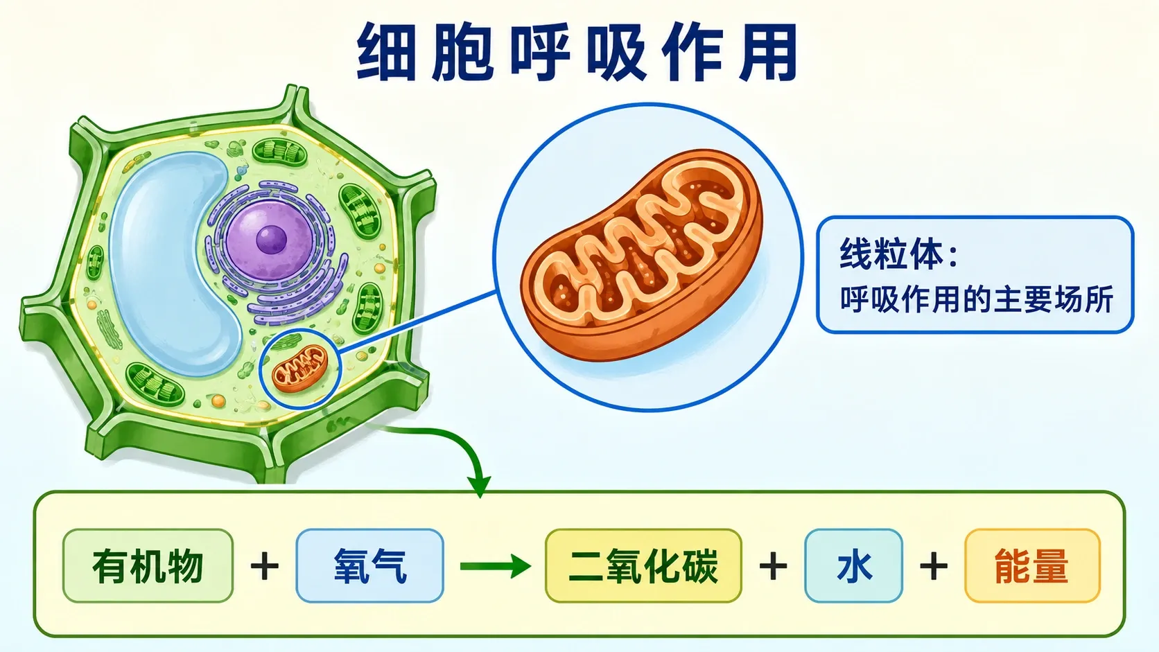 细胞、线粒体与有机物分解释放能量的初中示意图
