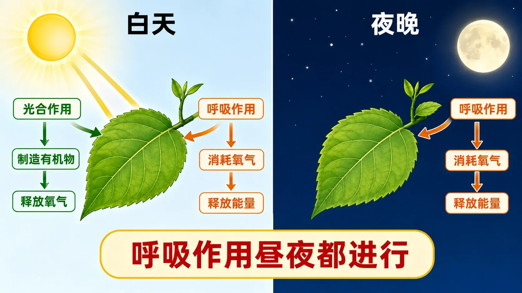 光合作用与呼吸作用在白天、夜晚是否进行的状态提示图