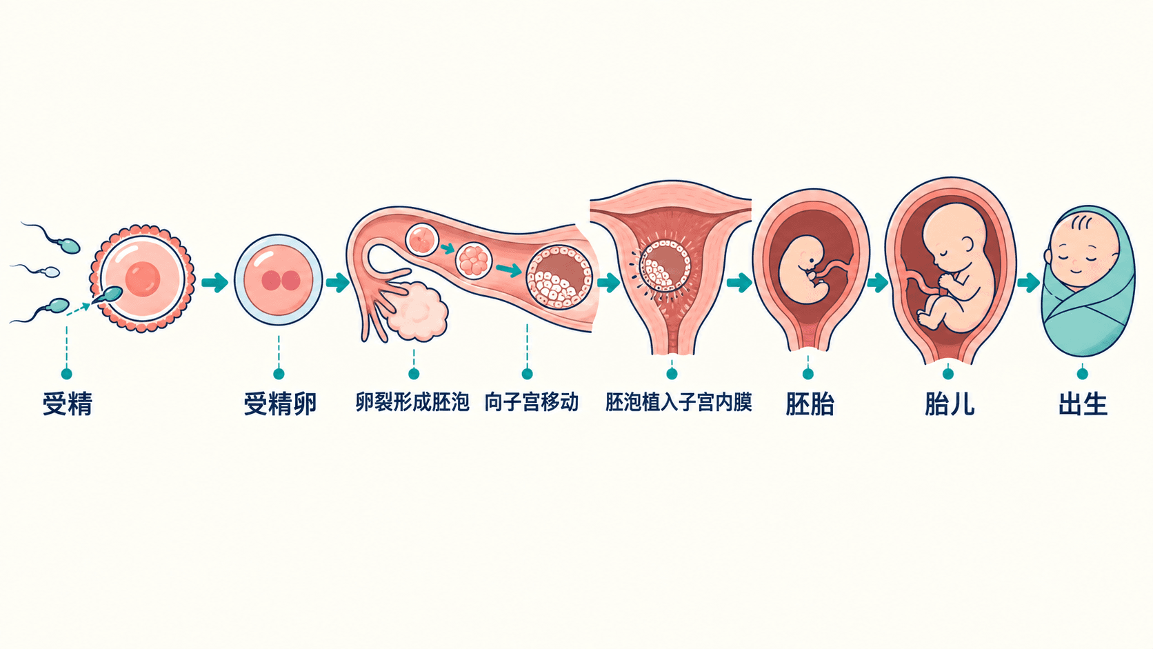 受精、受精卵卵裂形成胚泡、植入、胚胎、胎儿到出生的发育过程示意