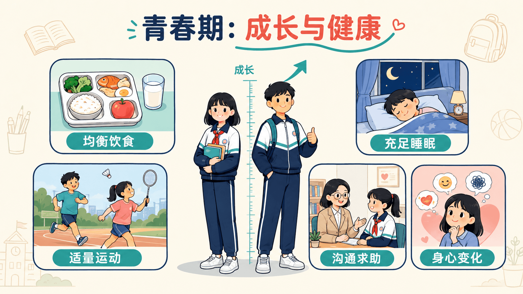青春期身心变化与健康生活方式示意
