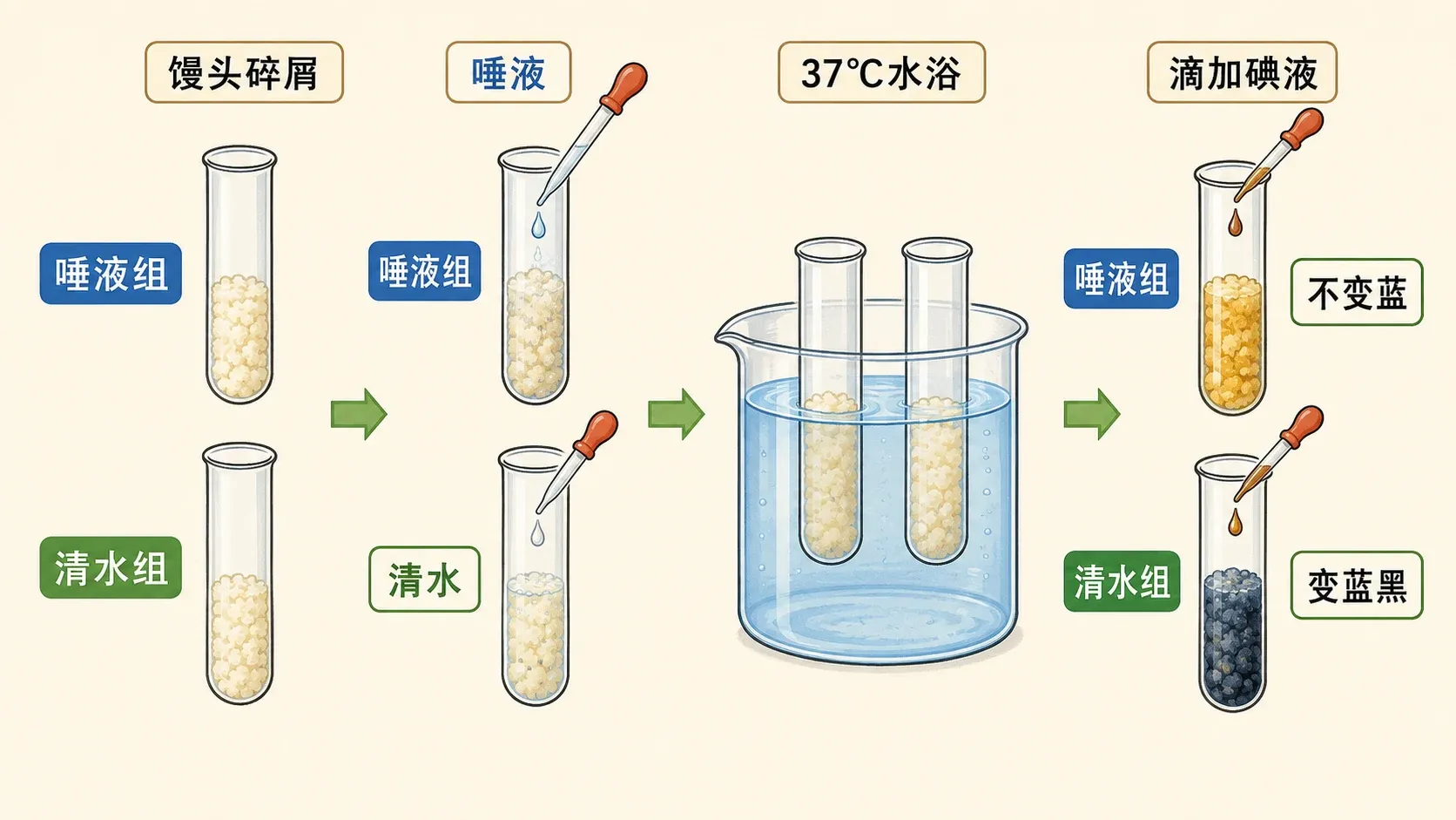 馒头碎屑分别加入唾液和清水、37摄氏度水浴并滴加碘液的对照实验示意图