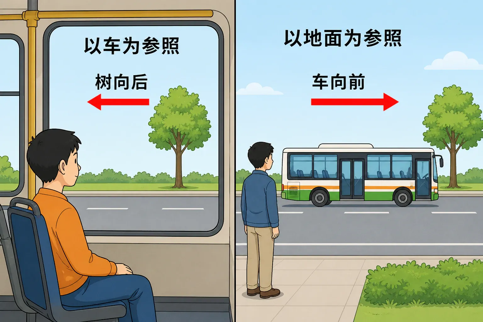 同一运动从车内和地面两种参照物观察