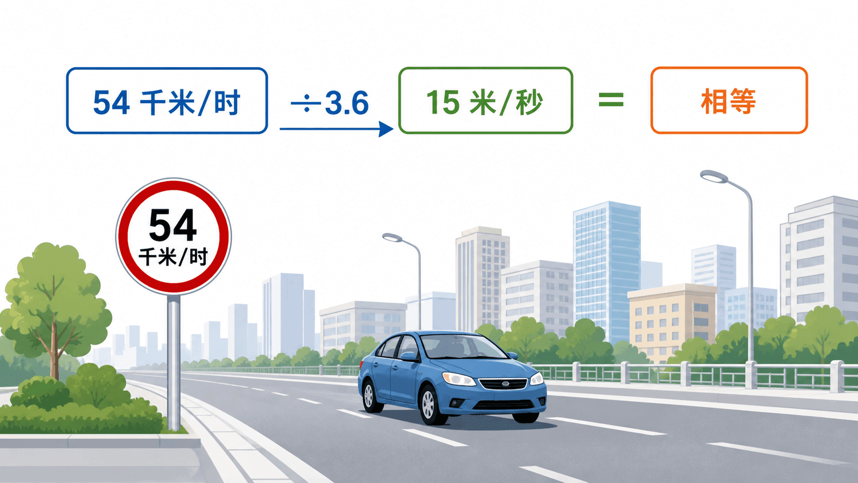 城市道路速度单位换算示意:54千米每小时等于15米每秒