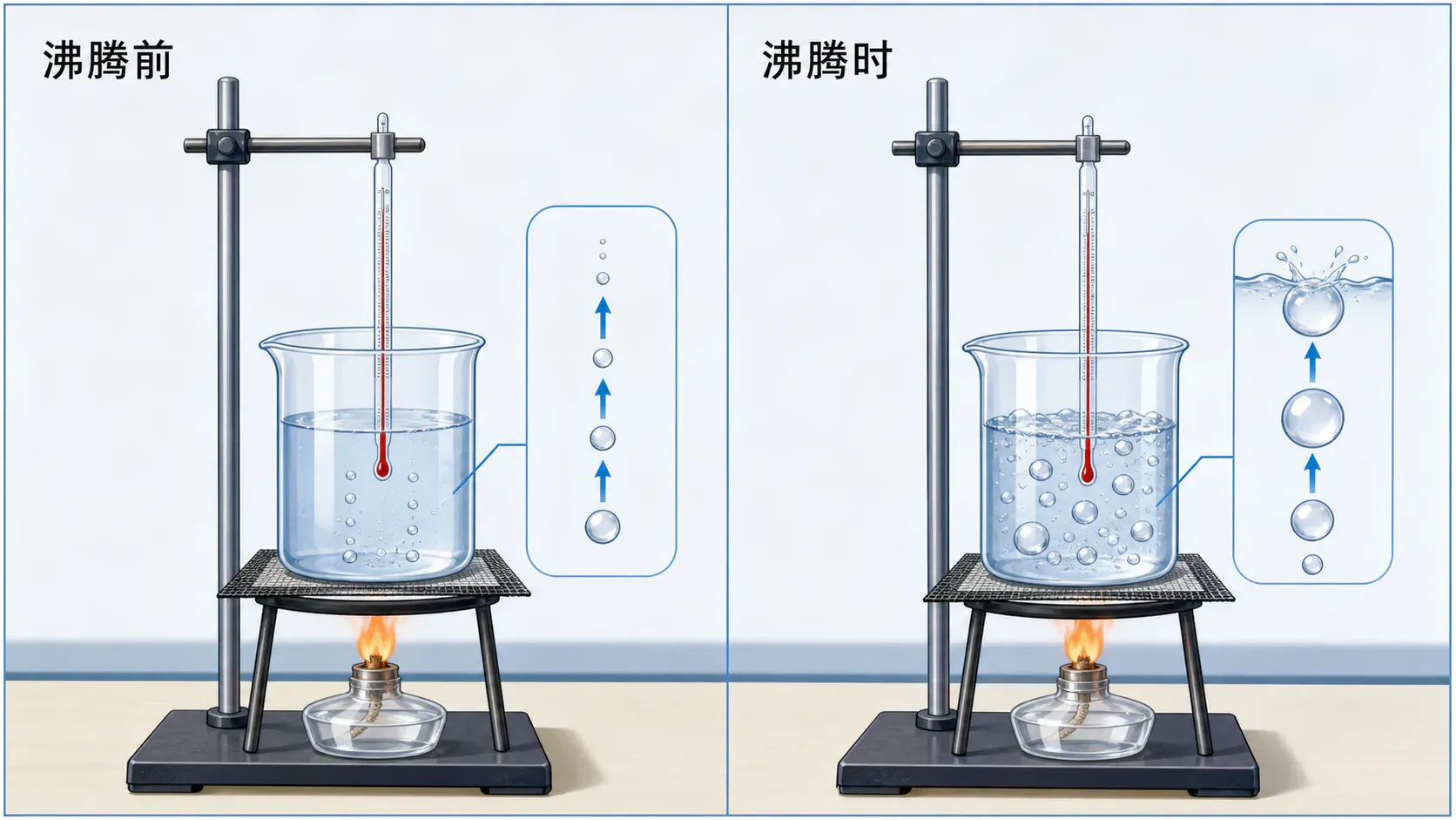 水沸腾前与沸腾时的气泡变化和实验装置
