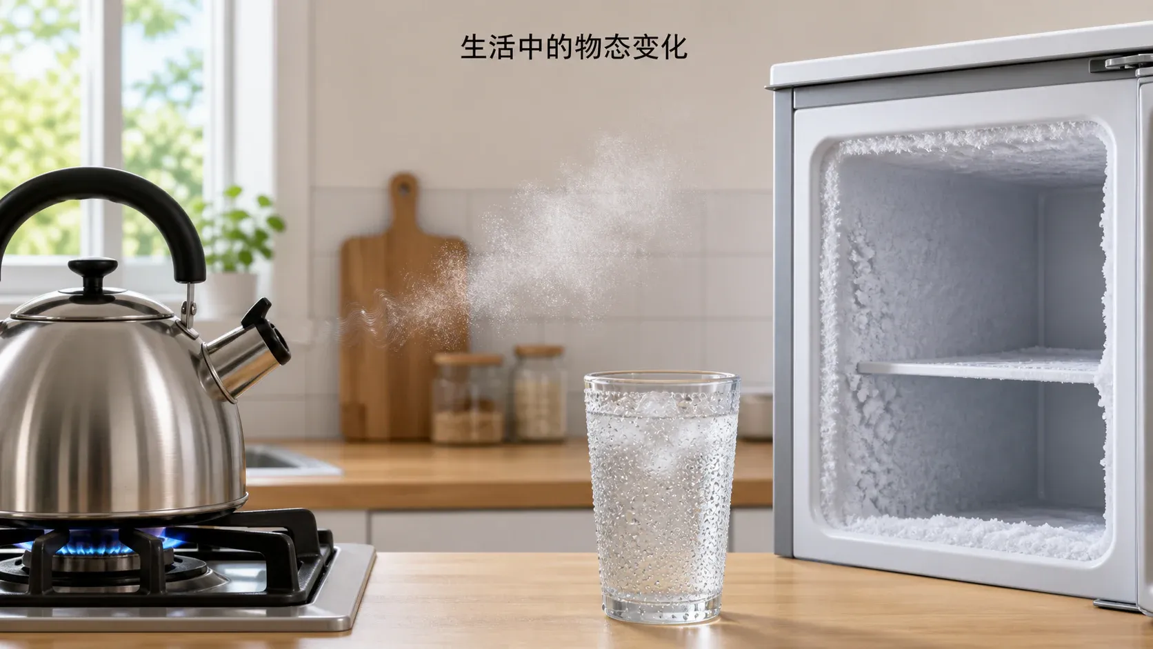 生活中的物态变化:壶嘴白雾、冷杯水珠与冷冻室结霜