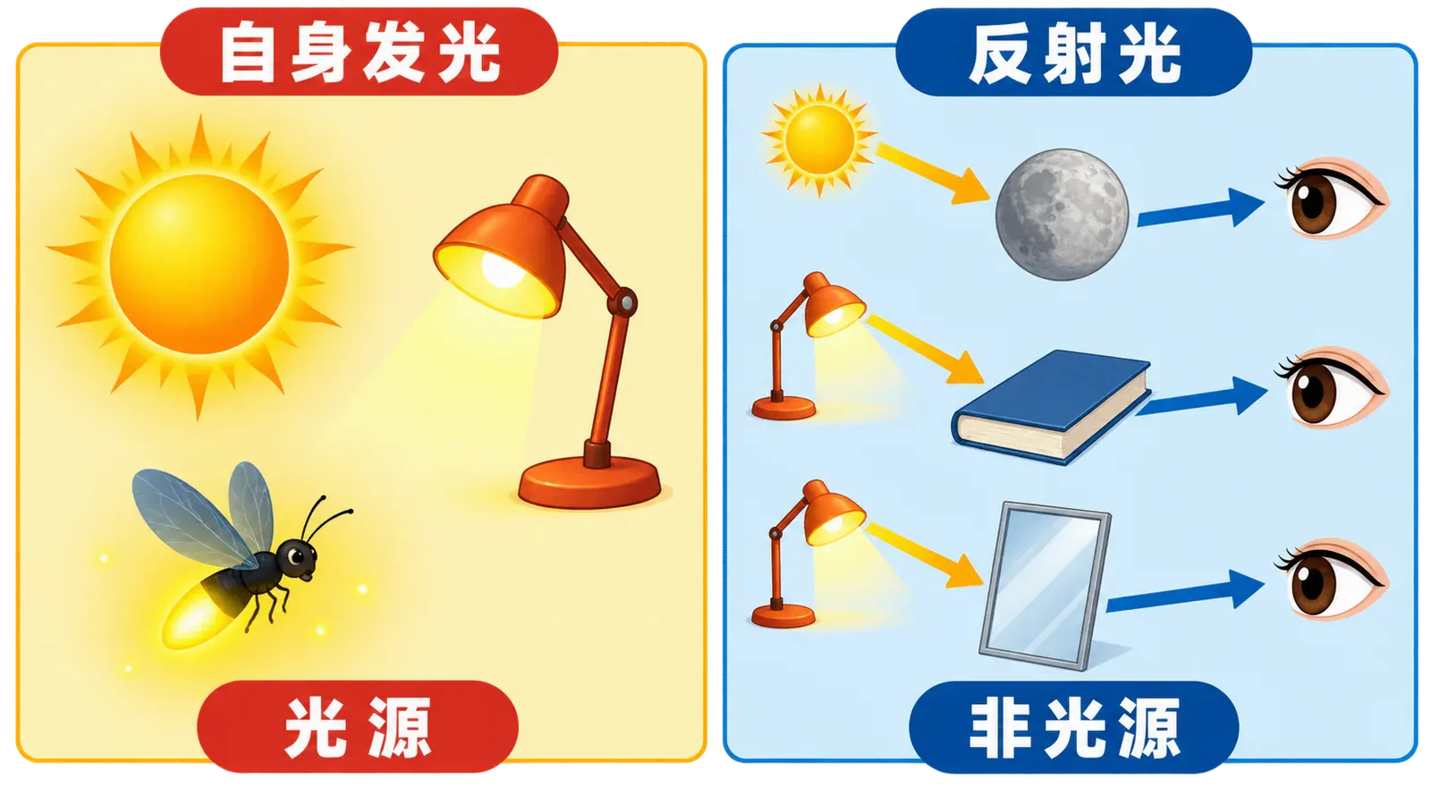 能自身发光的光源与依靠反射光被看见的非光源对比