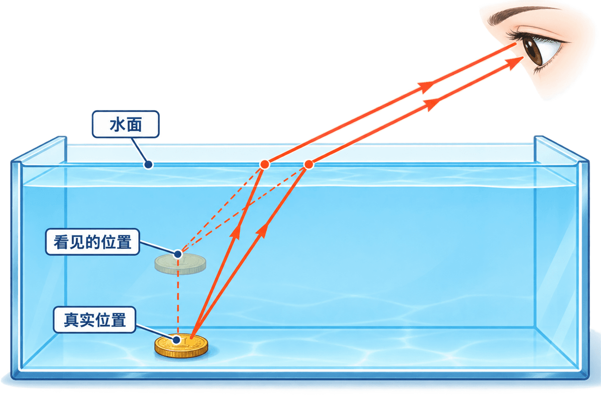 水中硬币的真实位置与看见的位置