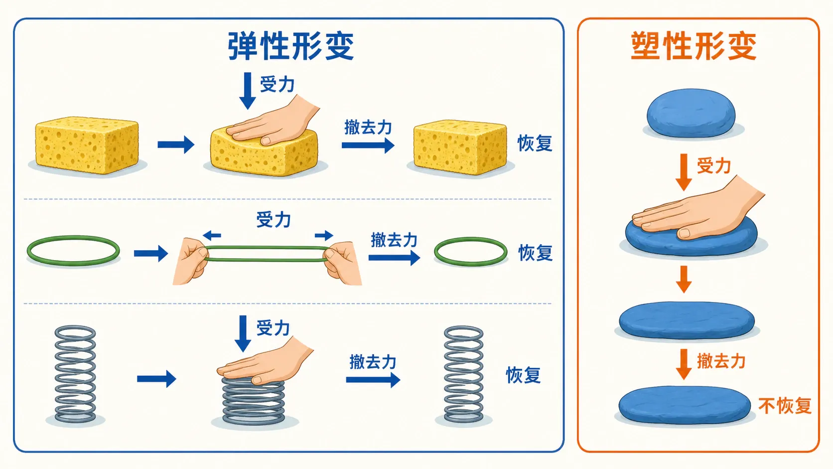 弹性形变、恢复原状与塑性形变的对比