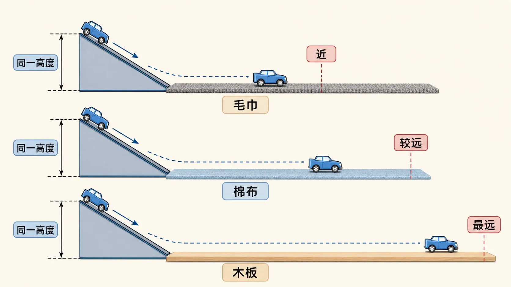 小车在毛巾、棉布和木板表面运动的对比实验