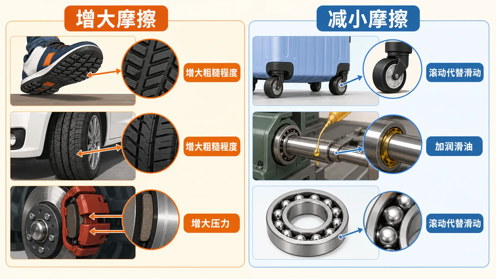 生活中增大摩擦与减小摩擦的方法