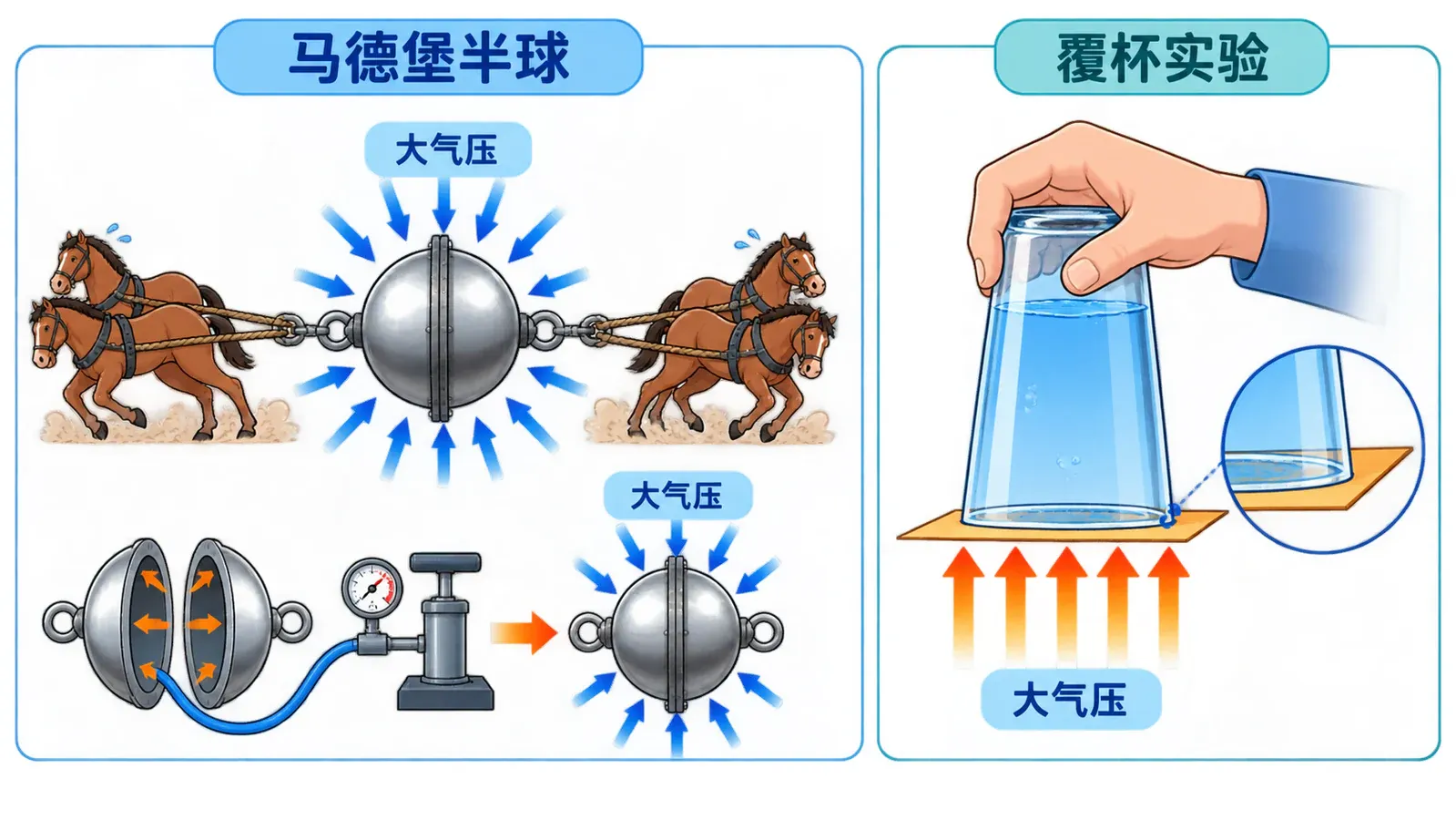 覆杯实验与马德堡半球共同证明大气压存在