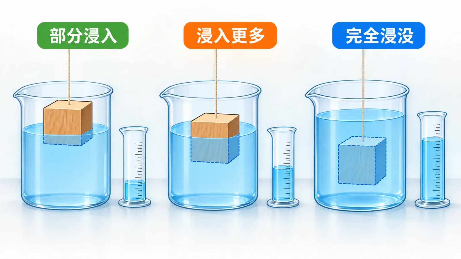 同一物体从部分浸入到完全浸没时排开液体体积的变化