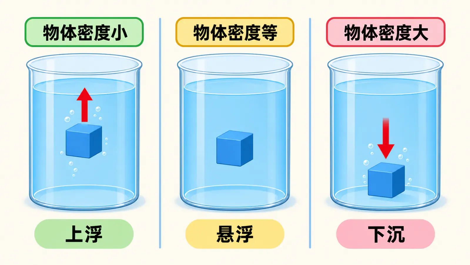 完全浸没的实心物体按物体密度与液体密度比较判断浮沉