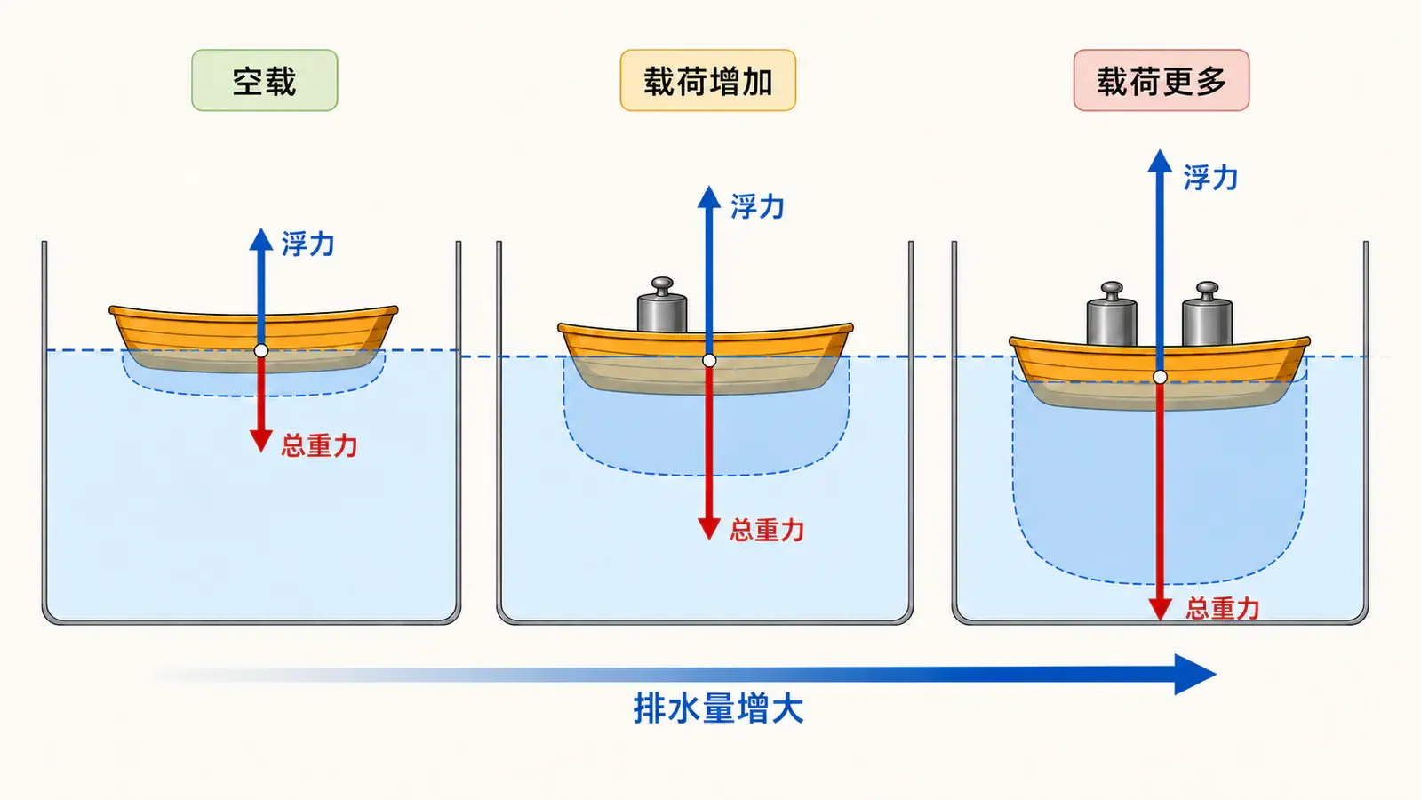 漂浮物增加载荷后吃水加深、排开液体体积增大并重新达到平衡
