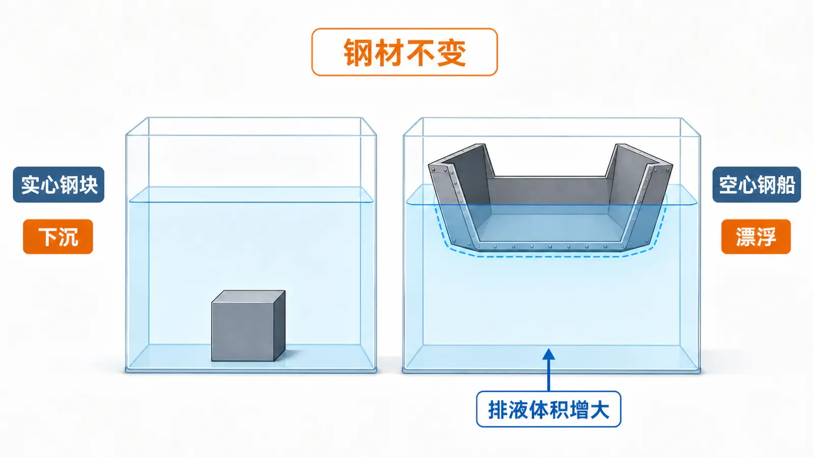 实心钢块下沉与空心钢船漂浮的排液体积对比