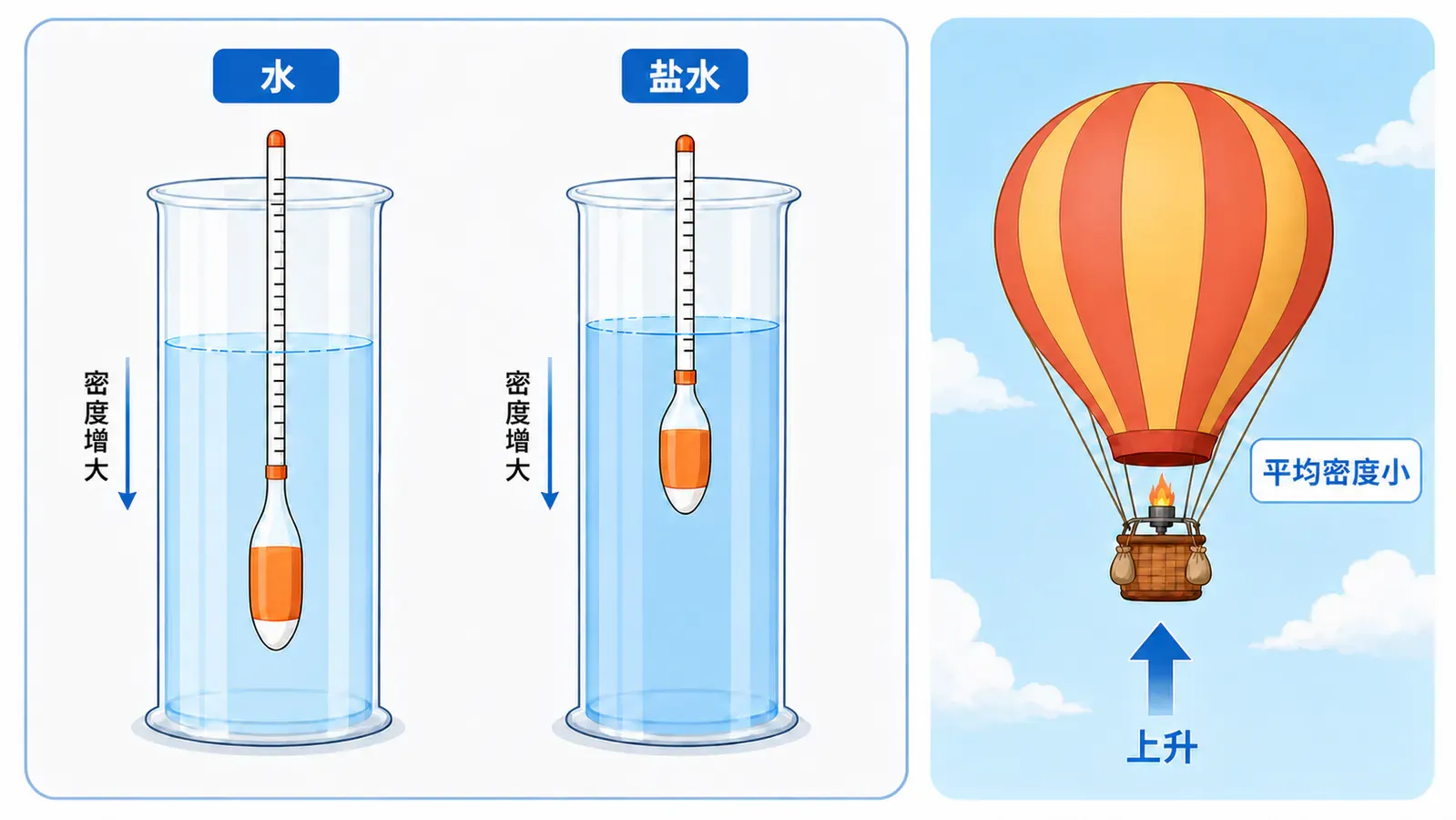 密度计在水和盐水中的浸入深度,以及热气球利用空气浮力升空