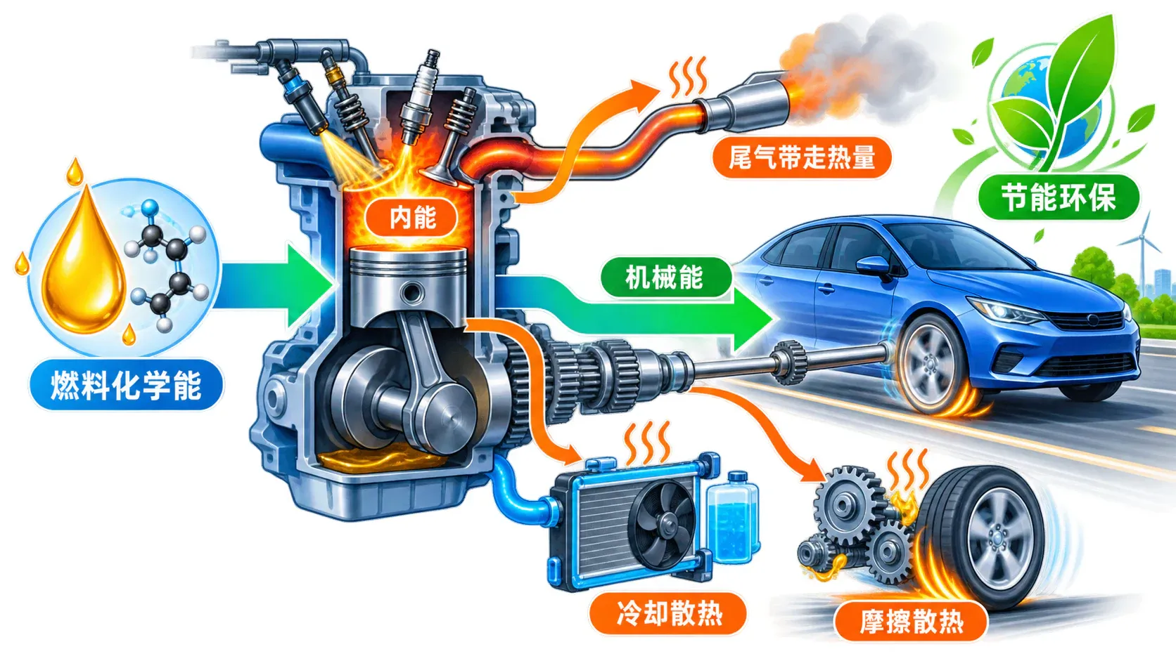 热机把燃料的化学能转化为机械能,同时有能量随尾气、冷却和摩擦散向环境
