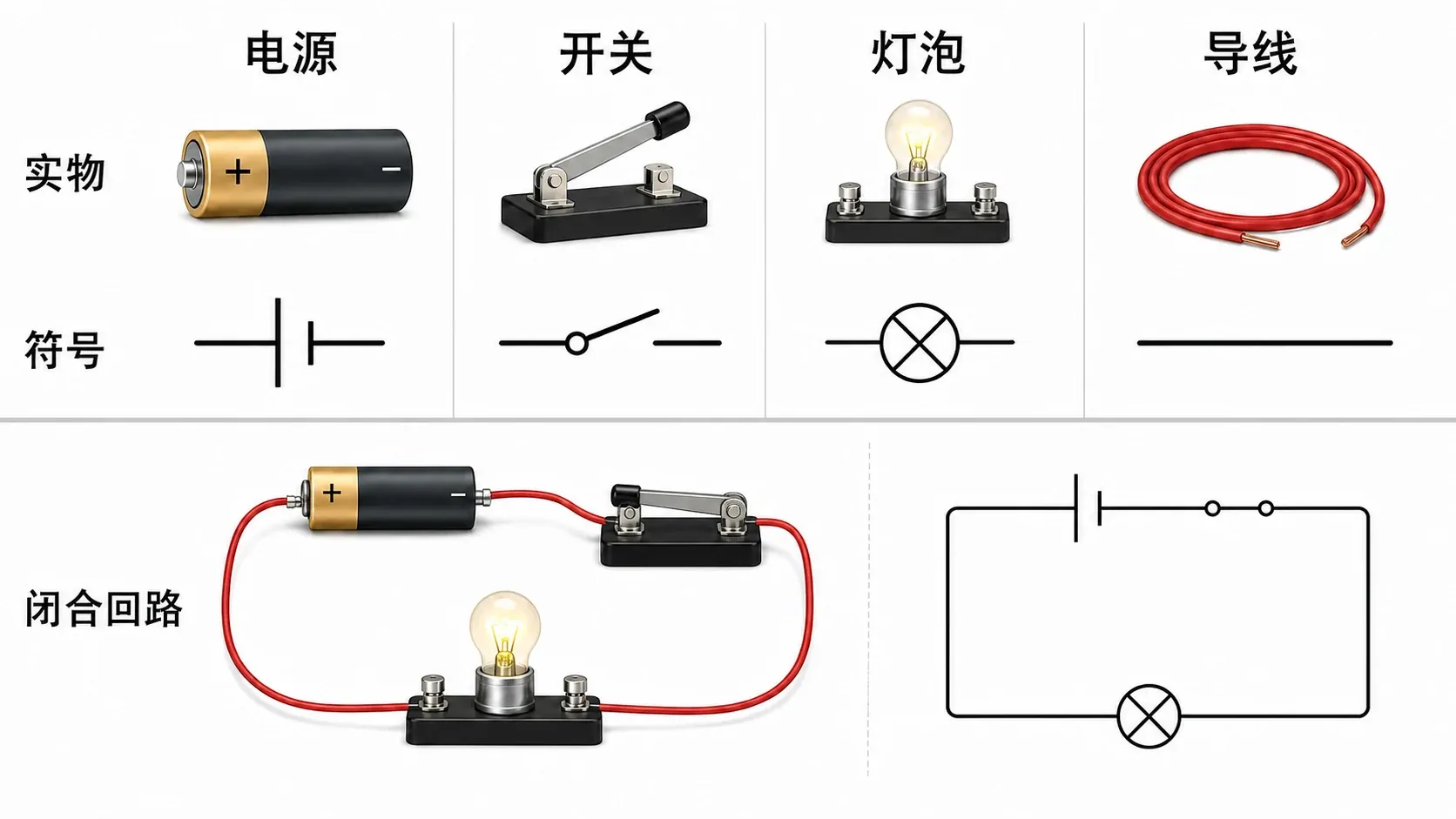 电源、开关、灯泡和导线组成的简单电路