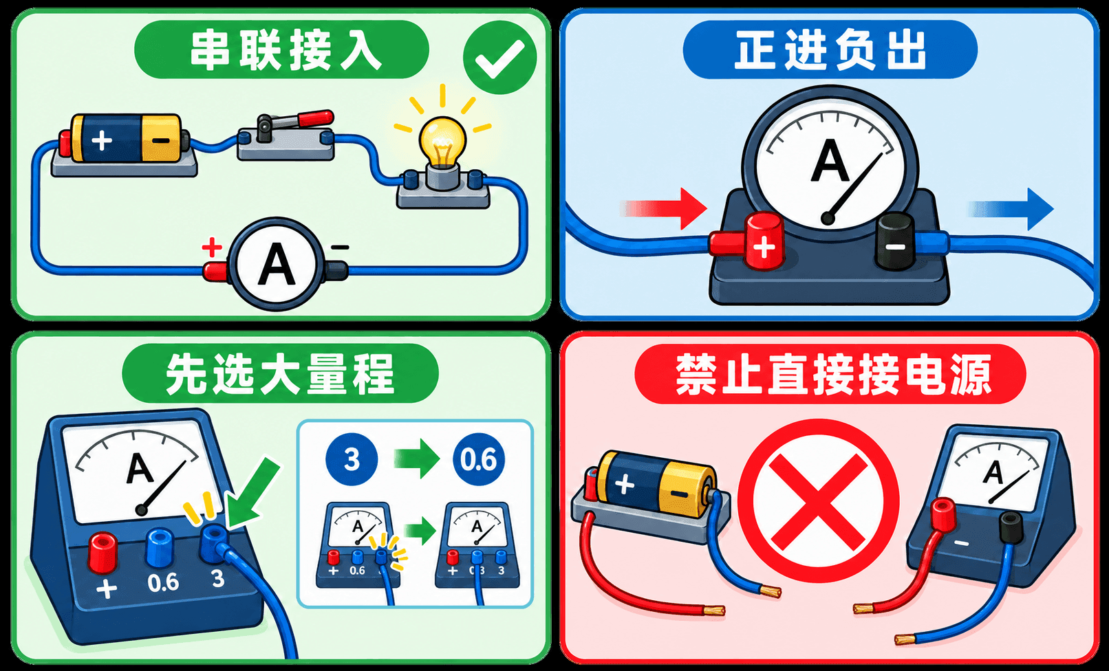 电流表连接规则与错误连接警示
