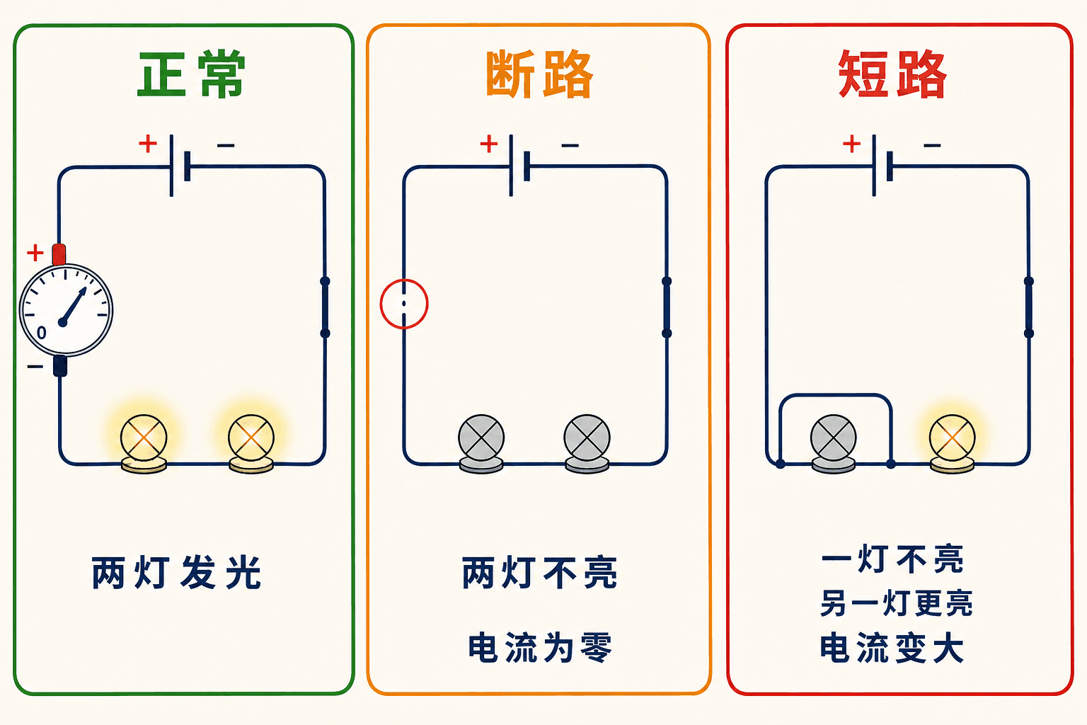 串联小灯泡电路的断路与短路诊断